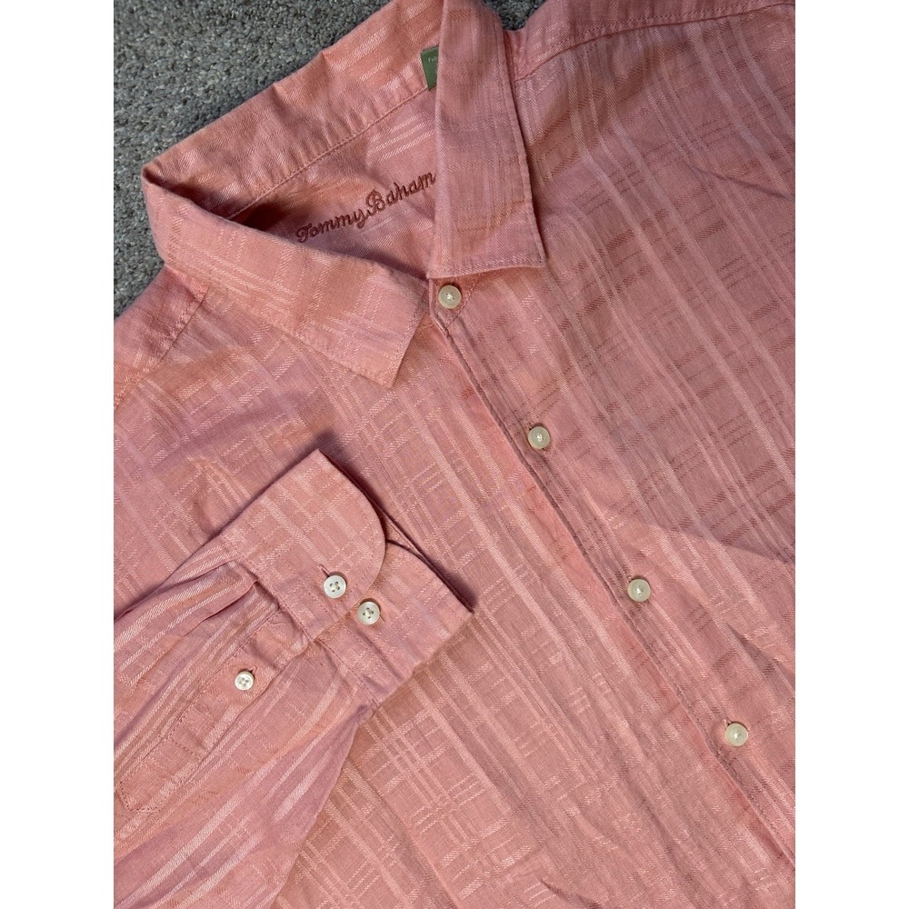Tommy Bahama Shirt Mens 2XL XXL Button Up Linen‎ Solid Orange Peach Check Plaid
